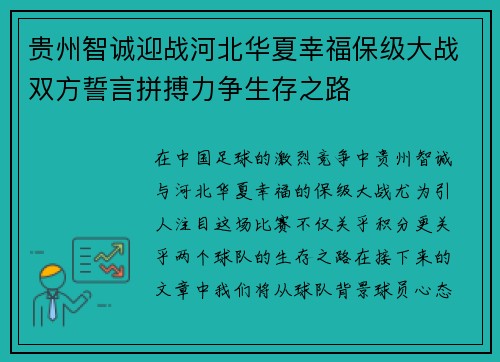 贵州智诚迎战河北华夏幸福保级大战双方誓言拼搏力争生存之路