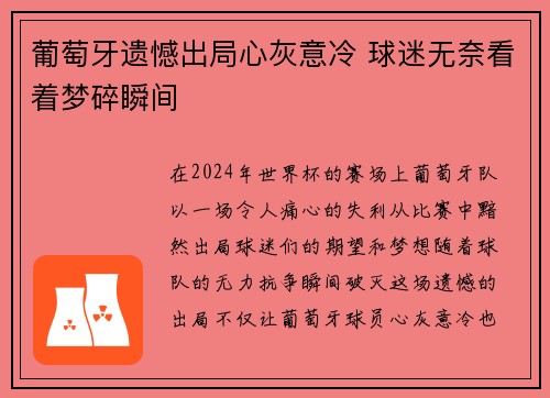 葡萄牙遗憾出局心灰意冷 球迷无奈看着梦碎瞬间