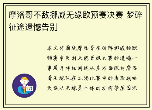 摩洛哥不敌挪威无缘欧预赛决赛 梦碎征途遗憾告别