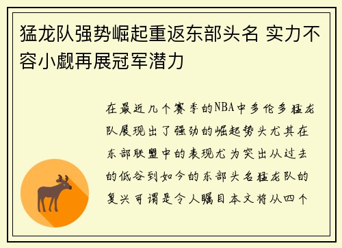 猛龙队强势崛起重返东部头名 实力不容小觑再展冠军潜力