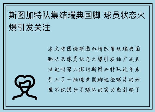 斯图加特队集结瑞典国脚 球员状态火爆引发关注