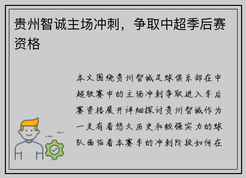贵州智诚主场冲刺，争取中超季后赛资格
