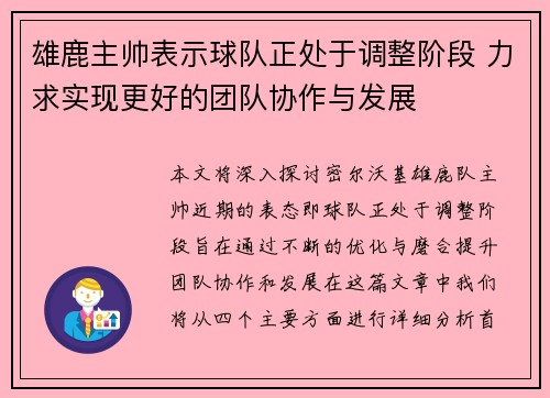 雄鹿主帅表示球队正处于调整阶段 力求实现更好的团队协作与发展