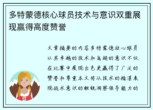 多特蒙德核心球员技术与意识双重展现赢得高度赞誉