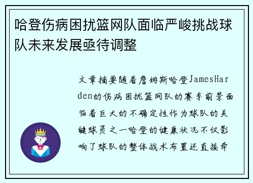 哈登伤病困扰篮网队面临严峻挑战球队未来发展亟待调整