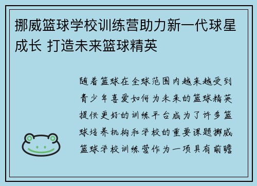 挪威篮球学校训练营助力新一代球星成长 打造未来篮球精英